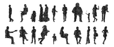 Vektör siluetleri, insanların ana hatları, Contour çizimleri, insanların siluetleri, ikon kümesi izole edilmiş, oturan insanların silueti, mimari set