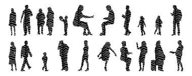 Vektör siluetleri, insanların ana hatları, Contour çizimleri, insanların siluetleri, ikon kümesi izole edilmiş, oturan insanların silueti, mimari set