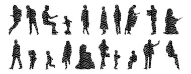 Vektör siluetleri, insanların ana hatları, Contour çizimleri, insanların siluetleri, ikon kümesi izole edilmiş, oturan insanların silueti, mimari set