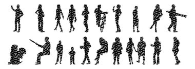 Vektör siluetleri, insanların ana hatları, Contour çizimleri, insanların siluetleri, ikon kümesi izole edilmiş, oturan insanların silueti, mimari set