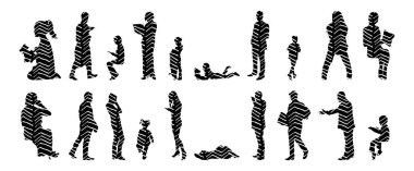 Vektör siluetleri, insanların ana hatları, Contour çizimleri, insanların siluetleri, ikon kümesi izole edilmiş, oturan insanların silueti, mimari set