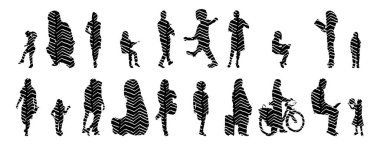 Vektör siluetleri, insanların ana hatları, Contour çizimleri, insanların siluetleri, ikon kümesi izole edilmiş, oturan insanların silueti, mimari set