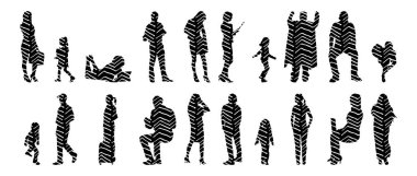 Vektör siluetleri, insanların ana hatları, Contour çizimleri, insanların siluetleri, ikon kümesi izole edilmiş, oturan insanların silueti, mimari set