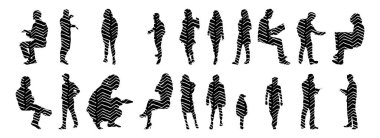 Vektör siluetleri, insanların ana hatları, Contour çizimleri, insanların siluetleri, ikon kümesi izole edilmiş, oturan insanların silueti, mimari set