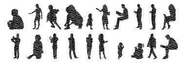 Vektör siluetleri, insanların ana hatları, Contour çizimleri, insanların siluetleri, ikon kümesi izole edilmiş, oturan insanların silueti, mimari set