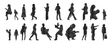 Vektör siluetleri, insanların ana hatları, Contour çizimleri, insanların siluetleri, ikon kümesi izole edilmiş, oturan insanların silueti, mimari set