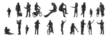 Vektör siluetleri, insanların ana hatları, Contour çizimleri, insanların siluetleri, ikon kümesi izole edilmiş, oturan insanların silueti, mimari set