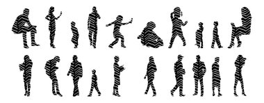 Vektör siluetleri, insanların ana hatları, Contour çizimleri, insanların siluetleri, ikon kümesi izole edilmiş, oturan insanların silueti, mimari set