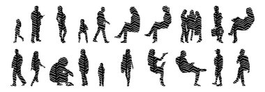 Vektör siluetleri, insanların ana hatları, Contour çizimleri, insanların siluetleri, ikon kümesi izole edilmiş, oturan insanların silueti, mimari set