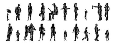 Vektör siluetleri, insanların ana hatları, Contour çizimleri, insanların siluetleri, ikon kümesi izole edilmiş, oturan insanların silueti, mimari set