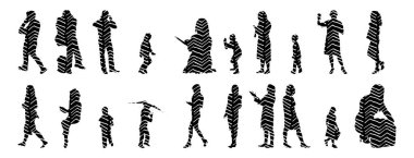 Vektör siluetleri, insanların ana hatları, Contour çizimleri, insanların siluetleri, ikon kümesi izole edilmiş, oturan insanların silueti, mimari set