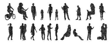 Vektör siluetleri, insanların ana hatları, Contour çizimleri, insanların siluetleri, ikon kümesi izole edilmiş, oturan insanların silueti, mimari set