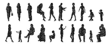 Vektör siluetleri, insanların ana hatları, Contour çizimleri, insanların siluetleri, ikon kümesi izole edilmiş, oturan insanların silueti, mimari set