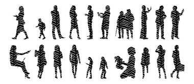 Vektör siluetleri, insanların ana hatları, Contour çizimleri, insanların siluetleri, ikon kümesi izole edilmiş, oturan insanların silueti, mimari set