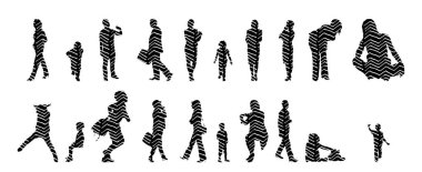 Vektör siluetleri, insanların ana hatları, Contour çizimleri, insanların siluetleri, ikon kümesi izole edilmiş, oturan insanların silueti, mimari set