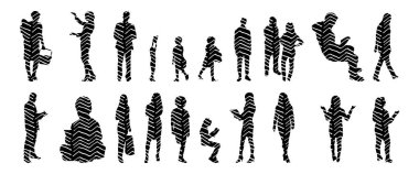 Vektör siluetleri, insanların ana hatları, Contour çizimleri, insanların siluetleri, ikon kümesi izole edilmiş, oturan insanların silueti, mimari set