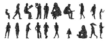 Vektör siluetleri, insanların ana hatları, Contour çizimleri, insanların siluetleri, ikon kümesi izole edilmiş, oturan insanların silueti, mimari set