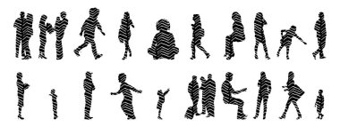 Vektör siluetleri, insanların ana hatları, Contour çizimleri, insanların siluetleri, ikon kümesi izole edilmiş, oturan insanların silueti, mimari set