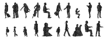 Vektör siluetleri, insanların ana hatları, Contour çizimleri, insanların siluetleri, ikon kümesi izole edilmiş, oturan insanların silueti, mimari set