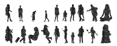 Vektör siluetleri, insanların ana hatları, Contour çizimleri, insanların siluetleri, ikon kümesi izole edilmiş, oturan insanların silueti, mimari set