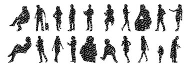 Vektör siluetleri, insanların ana hatları, Contour çizimleri, insanların siluetleri, ikon kümesi izole edilmiş, oturan insanların silueti, mimari set