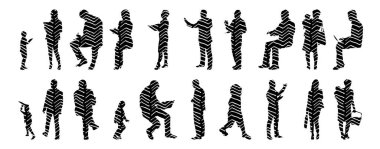 Vektör siluetleri, insanların ana hatları, Contour çizimleri, insanların siluetleri, ikon kümesi izole edilmiş, oturan insanların silueti, mimari set