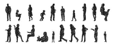 Vektör siluetleri, insanların ana hatları, Contour çizimleri, insanların siluetleri, ikon kümesi izole edilmiş, oturan insanların silueti, mimari set