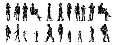 Vektör siluetleri, insanların ana hatları, Contour çizimleri, insanların siluetleri, ikon kümesi izole edilmiş, oturan insanların silueti, mimari set