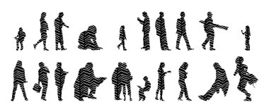 Vektör siluetleri, insanların ana hatları, Contour çizimleri, insanların siluetleri, ikon kümesi izole edilmiş, oturan insanların silueti, mimari set