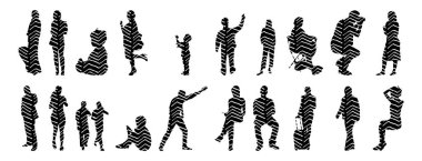 Vektör siluetleri, insanların ana hatları, Contour çizimleri, insanların siluetleri, ikon kümesi izole edilmiş, oturan insanların silueti, mimari set