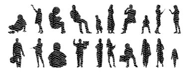 Vektör siluetleri, insanların ana hatları, Contour çizimleri, insanların siluetleri, ikon kümesi izole edilmiş, oturan insanların silueti, mimari set