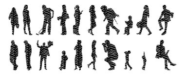 Vektör siluetleri, insanların ana hatları, Contour çizimleri, insanların siluetleri, ikon kümesi izole edilmiş, oturan insanların silueti, mimari set