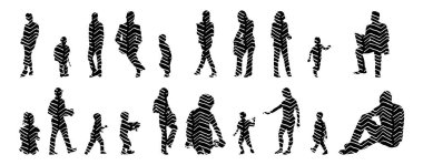 Vektör siluetleri, insanların ana hatları, Contour çizimleri, insanların siluetleri, ikon kümesi izole edilmiş, oturan insanların silueti, mimari set