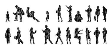 Vektör siluetleri, insanların ana hatları, Contour çizimleri, insanların siluetleri, ikon kümesi izole edilmiş, oturan insanların silueti, mimari set