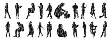 Vektör siluetleri, insanların ana hatları, Contour çizimleri, insanların siluetleri, ikon kümesi izole edilmiş, oturan insanların silueti, mimari set