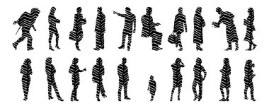 Vektör siluetleri, insanların ana hatları, Contour çizimleri, insanların siluetleri, ikon kümesi izole edilmiş, oturan insanların silueti, mimari set