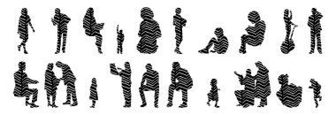 Vektör siluetleri, insanların ana hatları, Contour çizimleri, insanların siluetleri, ikon kümesi izole edilmiş, oturan insanların silueti, mimari set