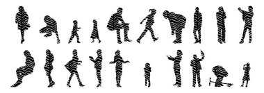 Vektör siluetleri, insanların ana hatları, Contour çizimleri, insanların siluetleri, ikon kümesi izole edilmiş, oturan insanların silueti, mimari set