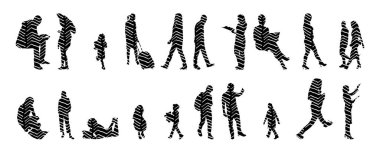 Vektör siluetleri, insanların ana hatları, Contour çizimleri, insanların siluetleri, ikon kümesi izole edilmiş, oturan insanların silueti, mimari set