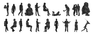 Vektör siluetleri, insanların ana hatları, Contour çizimleri, insanların siluetleri, ikon kümesi izole edilmiş, oturan insanların silueti, mimari set