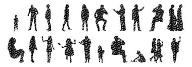 Vektör siluetleri, insanların ana hatları, Contour çizimleri, insanların siluetleri, ikon kümesi izole edilmiş, oturan insanların silueti, mimari set