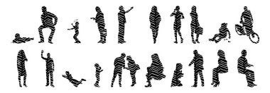 Vektör siluetleri, insanların ana hatları, Contour çizimleri, insanların siluetleri, ikon kümesi izole edilmiş, oturan insanların silueti, mimari set