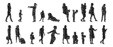 Vektör siluetleri, insanların ana hatları, Contour çizimleri, insanların siluetleri, ikon kümesi izole edilmiş, oturan insanların silueti, mimari set