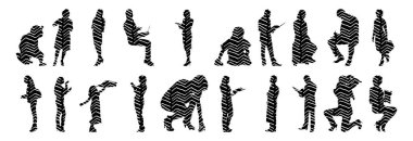 Vektör siluetleri, insanların ana hatları, Contour çizimleri, insanların siluetleri, ikon kümesi izole edilmiş, oturan insanların silueti, mimari set