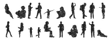 Vektör siluetleri, insanların ana hatları, Contour çizimleri, insanların siluetleri, ikon kümesi izole edilmiş, oturan insanların silueti, mimari set