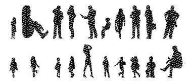 Vektör siluetleri, insanların ana hatları, Contour çizimleri, insanların siluetleri, ikon kümesi izole edilmiş, oturan insanların silueti, mimari set