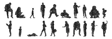 Vektör siluetleri, insanların ana hatları, Contour çizimleri, insanların siluetleri, ikon kümesi izole edilmiş, oturan insanların silueti, mimari set