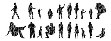 Vektör siluetleri, insanların ana hatları, Contour çizimleri, insanların siluetleri, ikon kümesi izole edilmiş, oturan insanların silueti, mimari set