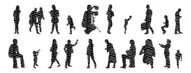 Vektör siluetleri, insanların ana hatları, Contour çizimleri, insanların siluetleri, ikon kümesi izole edilmiş, oturan insanların silueti, mimari set