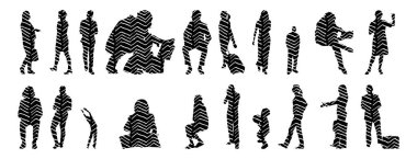 Vektör siluetleri, insanların ana hatları, Contour çizimleri, insanların siluetleri, ikon kümesi izole edilmiş, oturan insanların silueti, mimari set